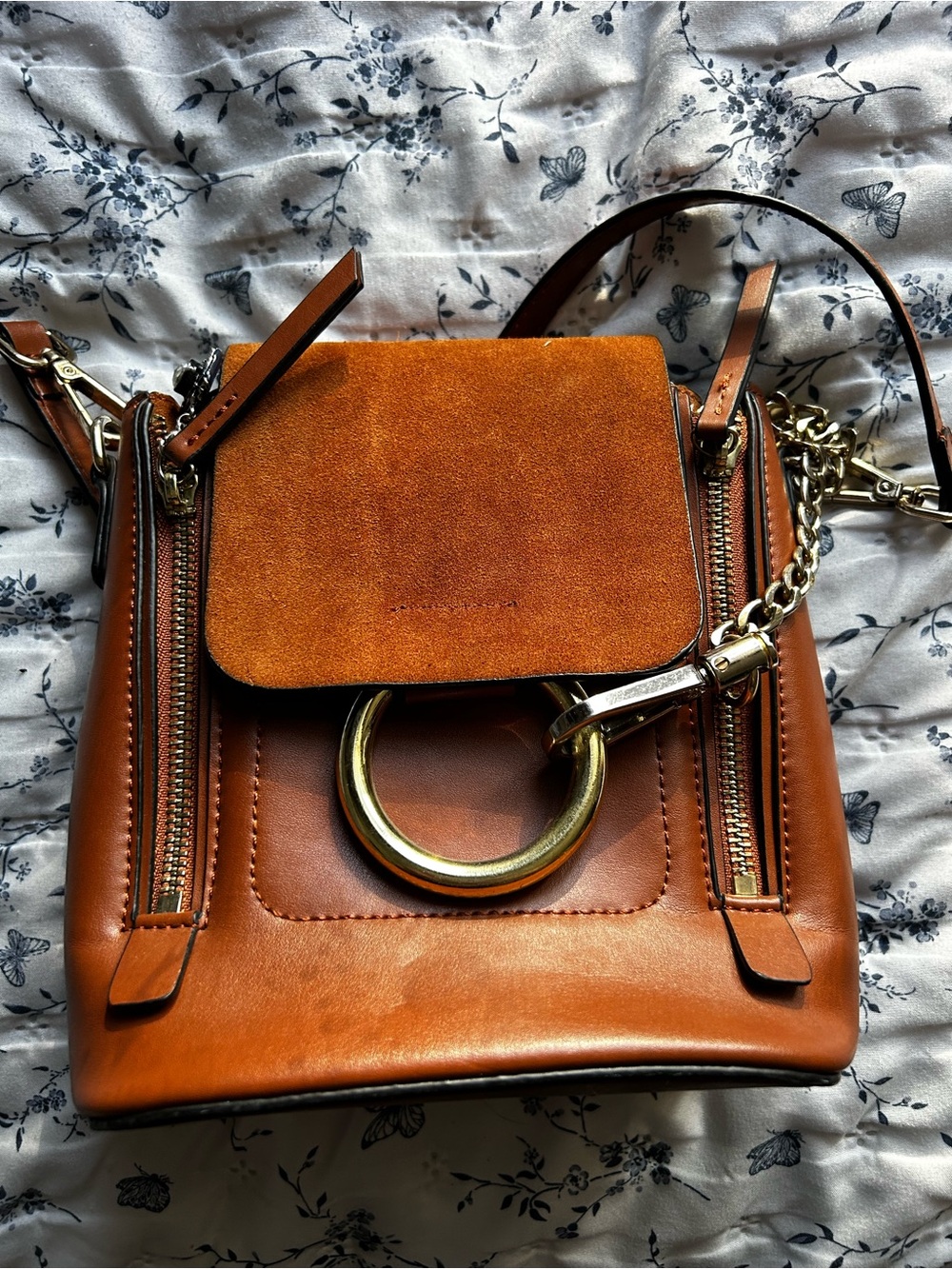 Suede & Leather Saddle Crossbody Bag in Chestnut Brown